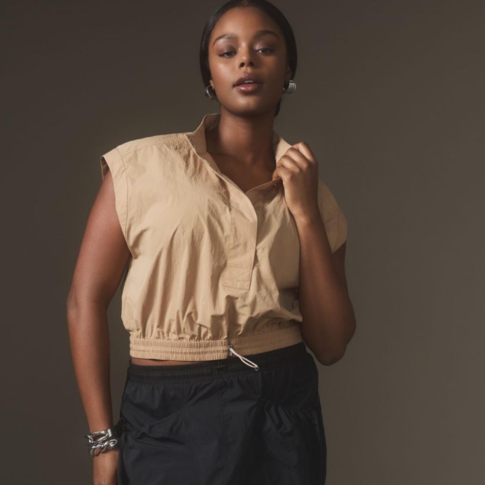 By‎ Anthropologie Women's Short-Sleeve Drawstring Popover Top women’s S beige - Picture 16 of 16